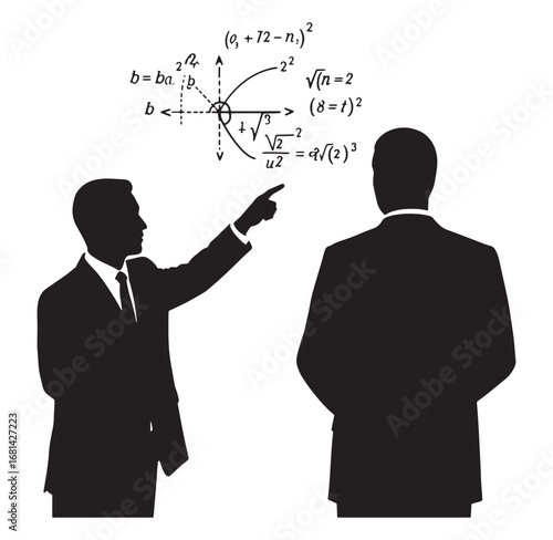 Businessman presenting mathematical equations to a colleague in a black and white business setting.