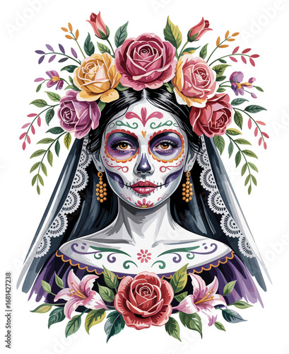 Vibrant watercolor vector portrait of Catrina with floral crown, intricate sugar skull makeup, lace veil, and romantic Día de los Muertos style, isolated on white background
