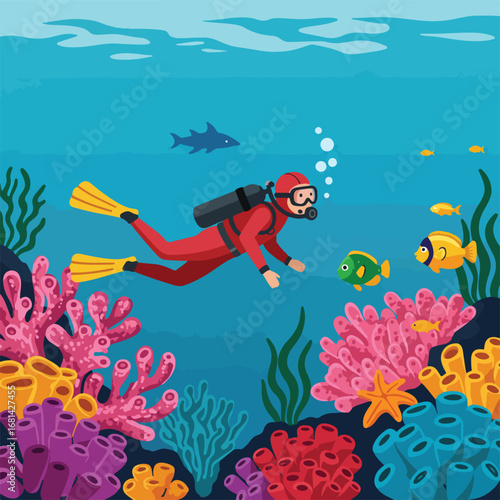 Diver exploring coral reef with fish in ocean