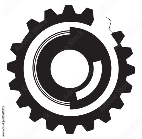 Conceptual vector illustration of a damaged gear showing concept of progress and breakdown