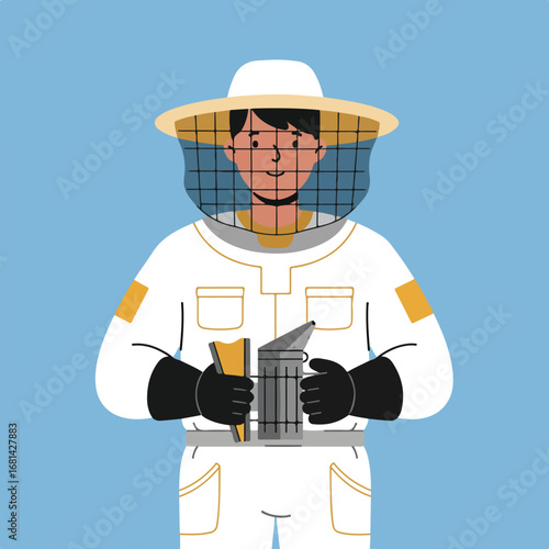 Beekeeper Smokes Bees at Apiary (Protective Suit and Smoker)
