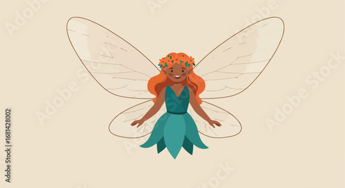 Fairy smiling, wings spread, in a whimsical, stylized, fantasy world