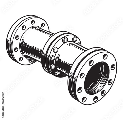 Engineering illustration of a pipeline flange assembly in black and white perspective