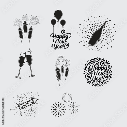 Canvas Print new year Party line icon set