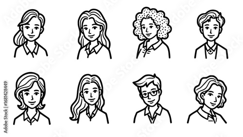 A collection of diverse smiling character portraits in a flat, illustrative design, showcasing a variety of expressions and appearances. Perfect for web design, branding, or social media content.