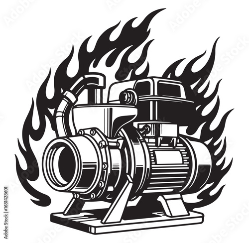 Monochrome illustration of a powerful water pump surrounded by fiery flames in dynamic design