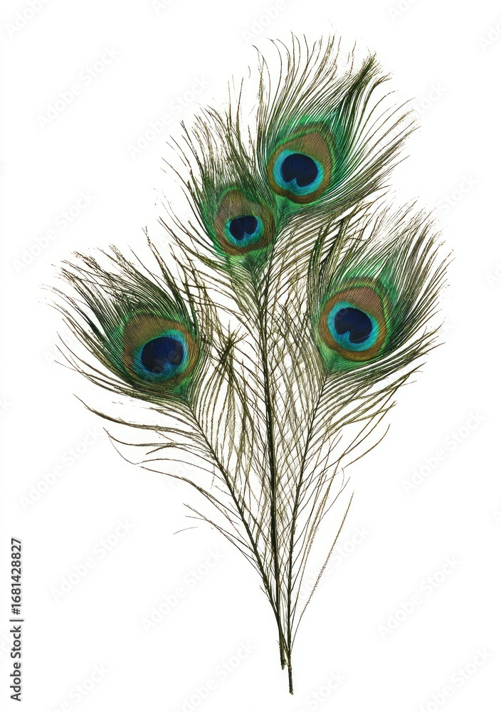 Naklejka premium Peacock feather cluster against white