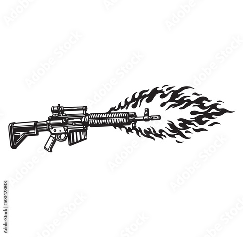 Powerful vector illustration of firing assault rifle with decorative flames graphic element