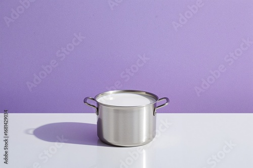 Light milk in a tiny saucepan against a violet backdrop with grainy texture