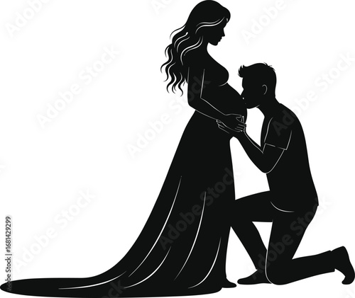Romantic silhouette of pregnant couple, man kissing belly of expecting woman in gown, love, maternity, parenthood vector illustration art.
