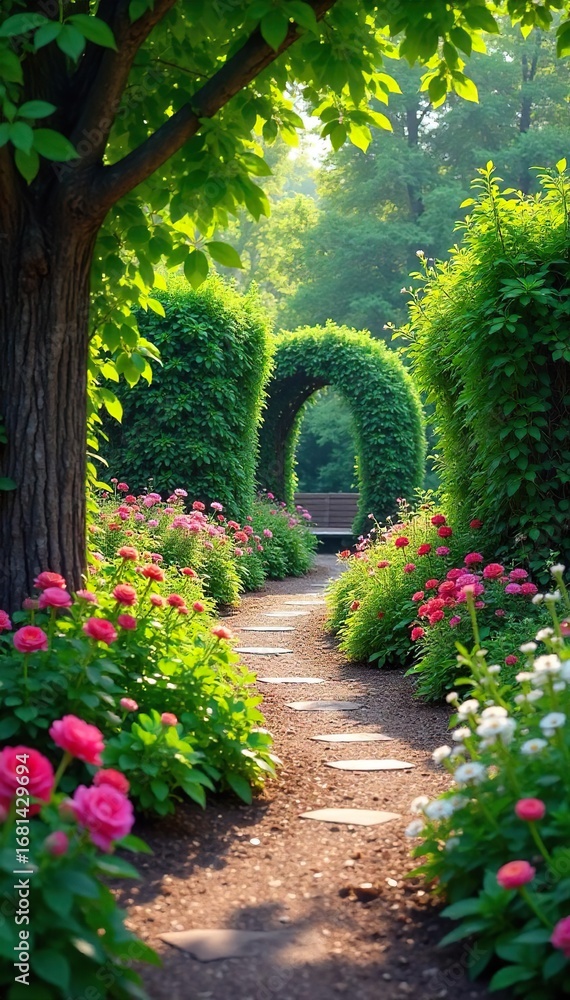 Naklejka premium A winding garden path, bordered by lush greenery and vibrant flowers, leads to a tranquil seating area Perfect for illustrating serenity, escape, and the beauty of nature , gravel, landscape
