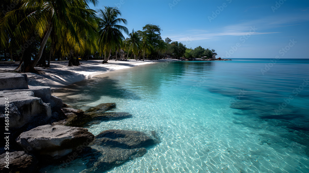 Obraz premium A stunning tropical beach with clear blue waters andpalm trees along the shore a perfect vacation spot.