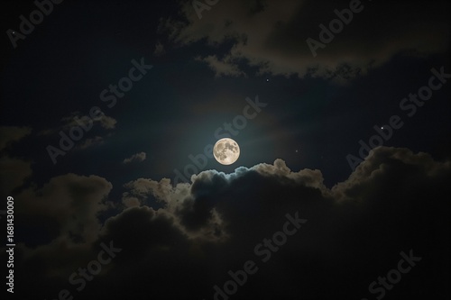 Stunning nighttime scene featuring a glowing full moon partially covered by clouds