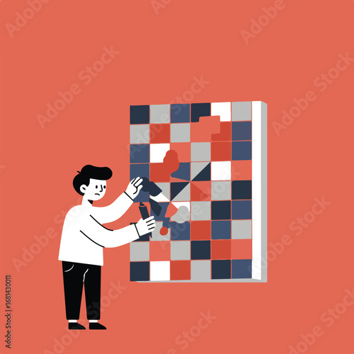 Man Completing Jigsaw Puzzle on Wall