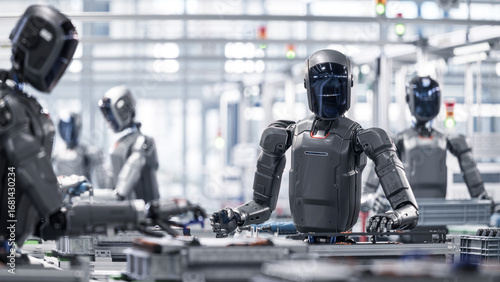 3D Render: Autonomous AI Powered Humanoid Robot Work at Factory on Assembly Line. Industrial Automation AI Accelerated: Human Like Robot Working on Complex Detail in Industrial Environment.