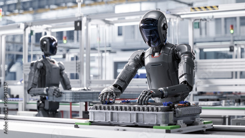 3D Render: Industrial Automation AI Accelerated: Human Like Robot Working on Complex Detail in Industrial Environment. Autonomous AI Powered Humanoid Robot Work at Factory on Assembly Line.