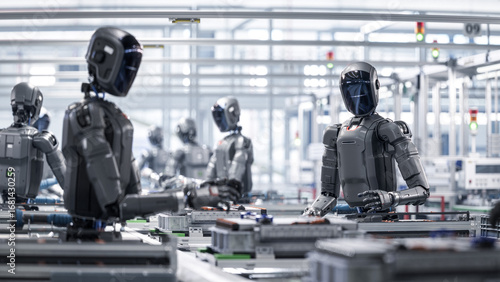 3D Render: Industrial Automation AI Accelerated: Autonomous AI Powered Humanoid Robot Work at Factory on Assembly Line. Human Like Robot Working on Complex Detail in Industrial Environment.