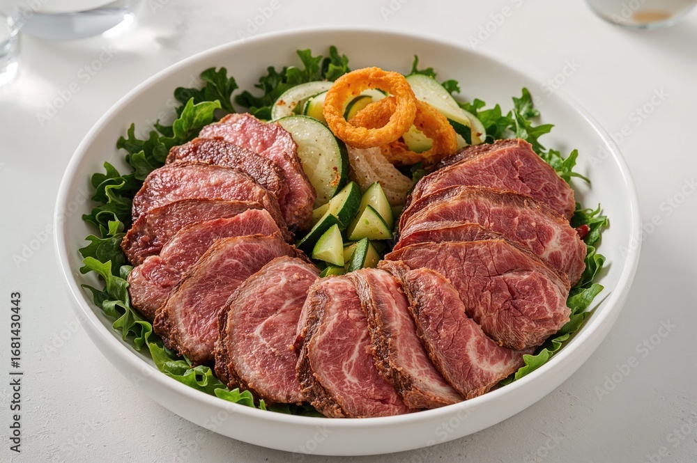 Fototapeta premium Chilled roast beef slices paired with zucchini and onion rings atop a bed of arugula in an elegant bowl