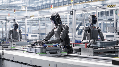 3D Render: Industrial Automation AI Accelerated: Human Like Robot Working on Complex Detail in Industrial Environment. Autonomous AI Powered Humanoid Robot Work at Factory on Assembly Line.