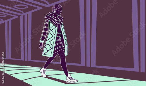 "A fashion model wearing avant-garde LED clothing, walking on a glowing runway, futuristic vibe, cinematic lighting, ultra-detailed."