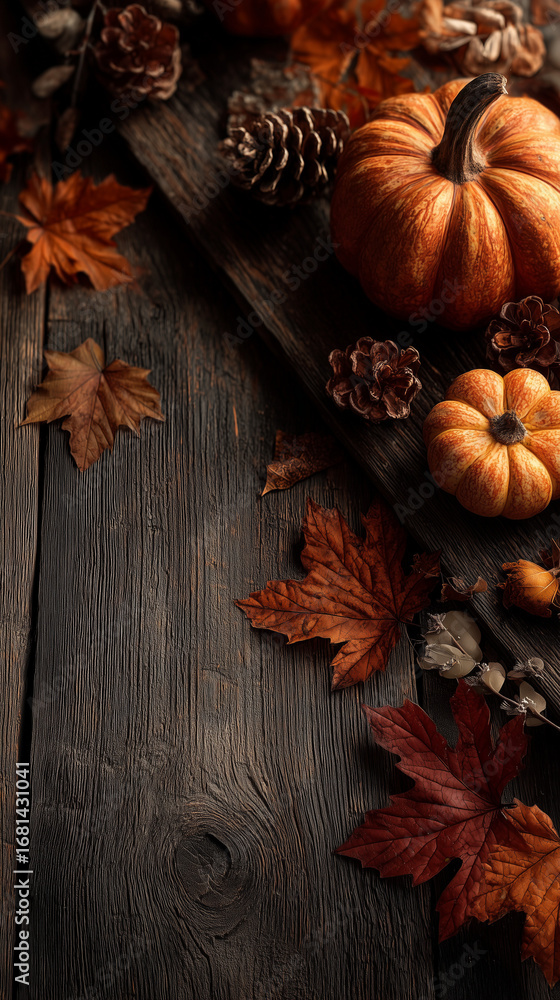 Fototapeta premium autumn tray with pumpkins, pinecones, and colorful leaves on dark wooden surface