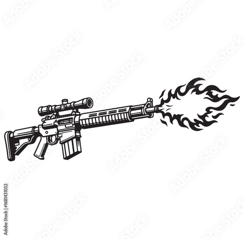 Vector illustration of a black and white firing rifle with a scope and flames