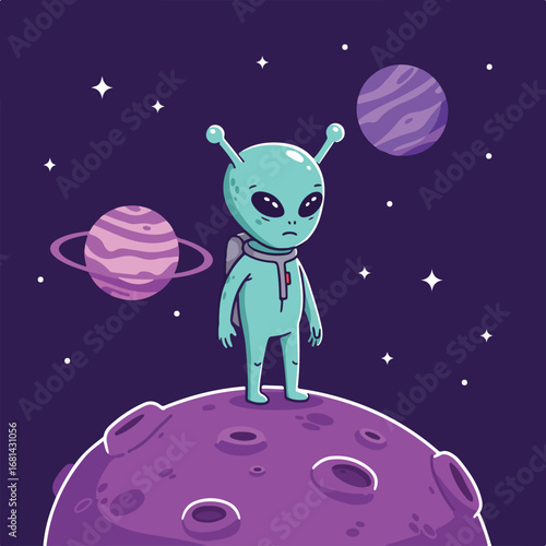 Alien Standing on Cratered Planet Surface in Space with Planets & Stars