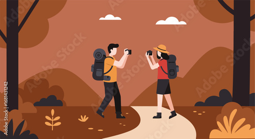 Hikers Photographing Each Other on a Forest Trail