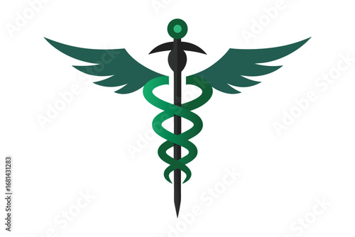 Green Caduceus Medical Symbol with Wings Representing Healthcare and Wellness