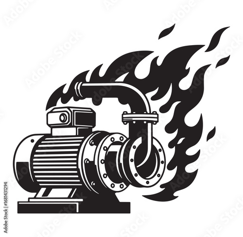 Vector illustration of a burning industrial pump with flames black and white style