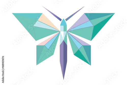 Geometric butterfly in teal, lavender, and light peach on a white background