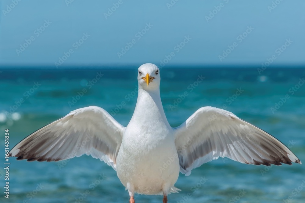 Fototapeta premium Seagull perched with wings spread wide on a blue backdrop