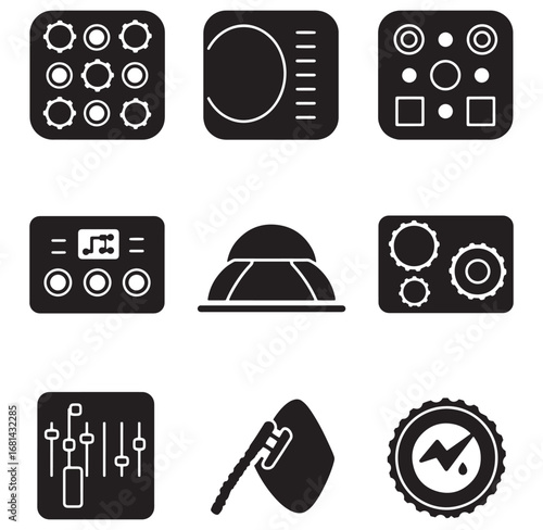 Vector illustrations of various icons including controls and electronic devices in black and white