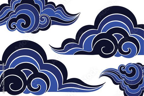 Stylized blue clouds with swirling patterns on a white background illustration