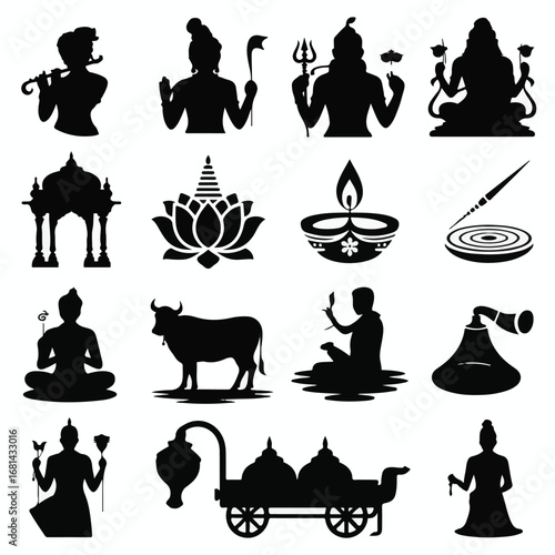 Indian Hindu religious icons and figures in silhouette krishna shiva