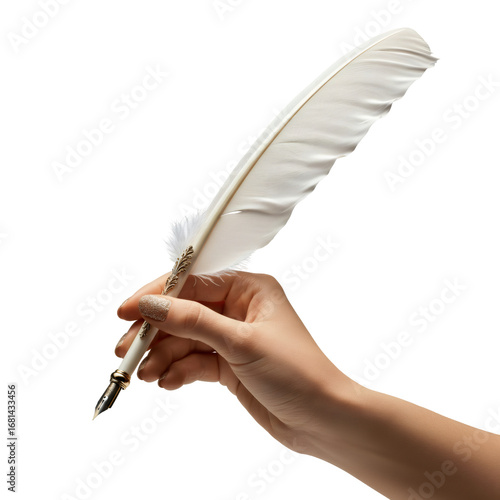 Hand Holding White Feather Quill Pen with Gold Accents on Transparent Background for Elegant Writing and Artistic Design