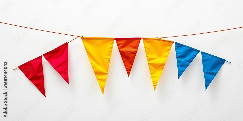 Obraz premium Earthy-toned triangular pennant banners in red, yellow, and blue hang against a white textured backdrop, banner, triangle