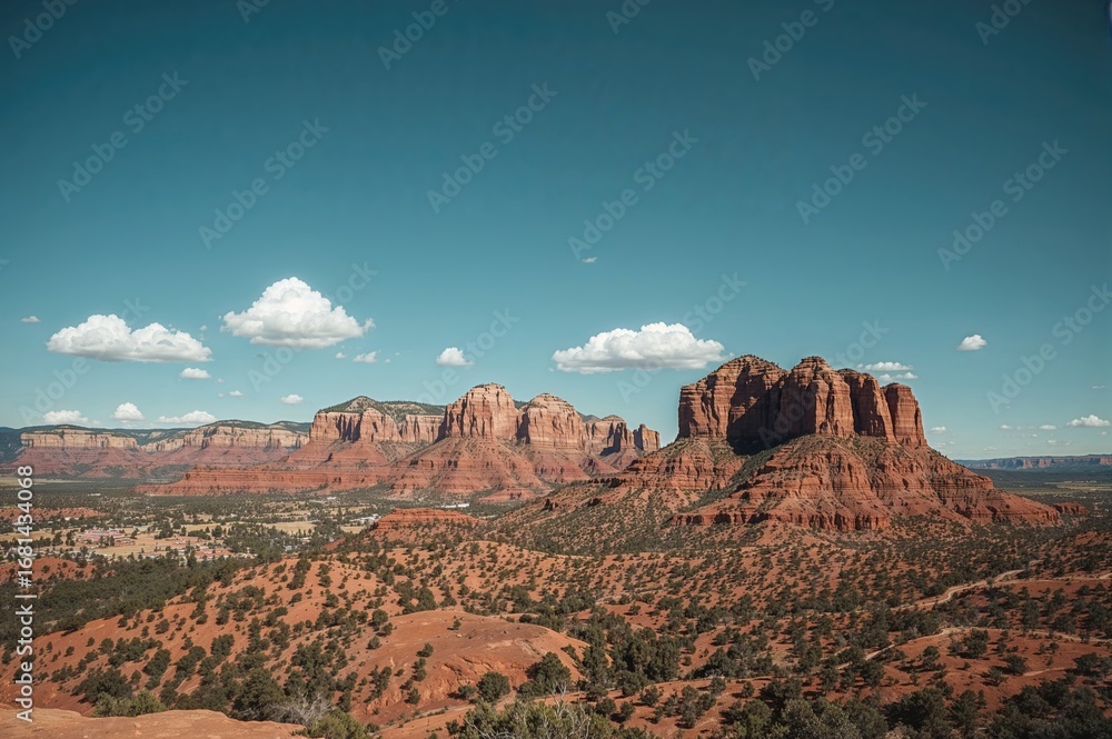 Naklejka premium Helicopter Flying Over Rocky Hills Under Clear Blue Sky