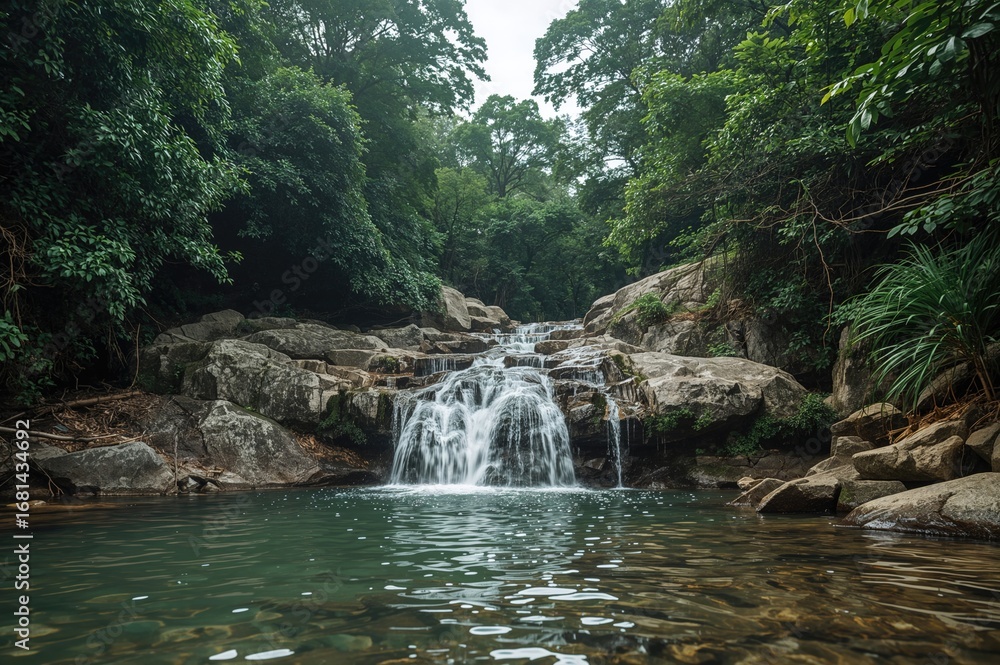Naklejka premium Tranquil Cascade Descending Amidst Verdant Woods