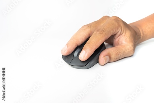 Hand operating a computer mouse isolated on white background