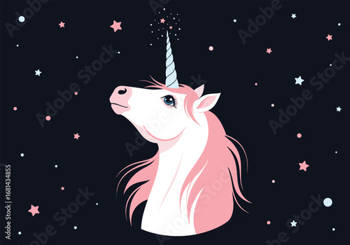 Enchanting unicorn head with sparkling star against a starry night sky