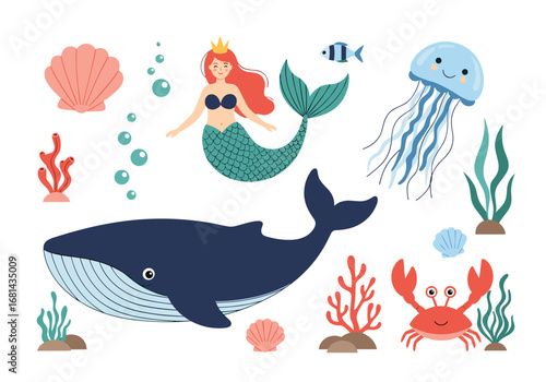 Enchanting underwater world featuring a mermaid whale jellyfish crab and seashells