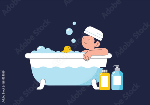 Happy person enjoying a relaxing bubble bath with rubber ducky and toiletries nearby