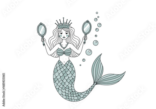 Charming mermaid with crown and mirrors exploring underwater beauty
