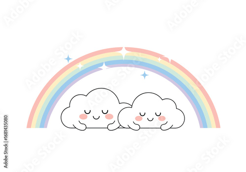 Cute sleeping clouds under a pastel rainbow with twinkling stars