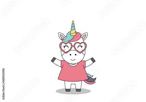 A cute adorable unicorn wearing heart shaped glasses and a pink dress dancing happily