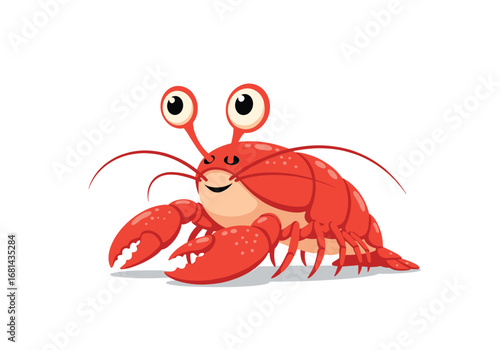 Adorable cartoon red lobster with big eyes and happy smile and pincers raised