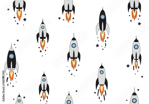 Retro space rockets launching into the stars with fiery exhaust trails