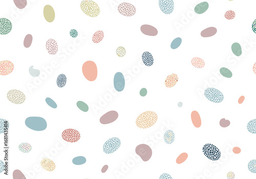 A charming scattered pattern of pastel hues and organic shapes offers a whimsical aesthetic
