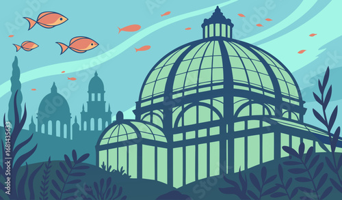 An underwater city with glowing glass domes, schools of fish swimming around, cinematic lighting, ultra-detailed and photorealistic."